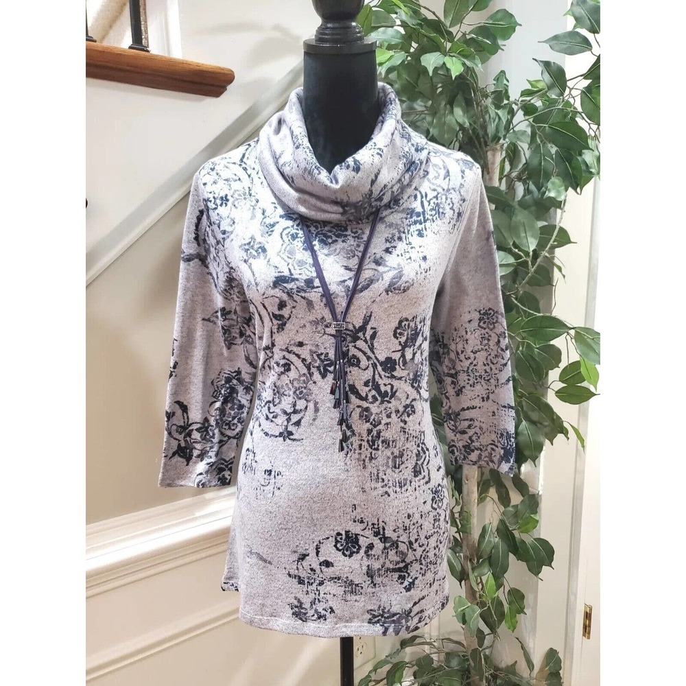 One World Womens Gray Floral Polyester Long Sleeve Cowl Neck Top Blouse Medium